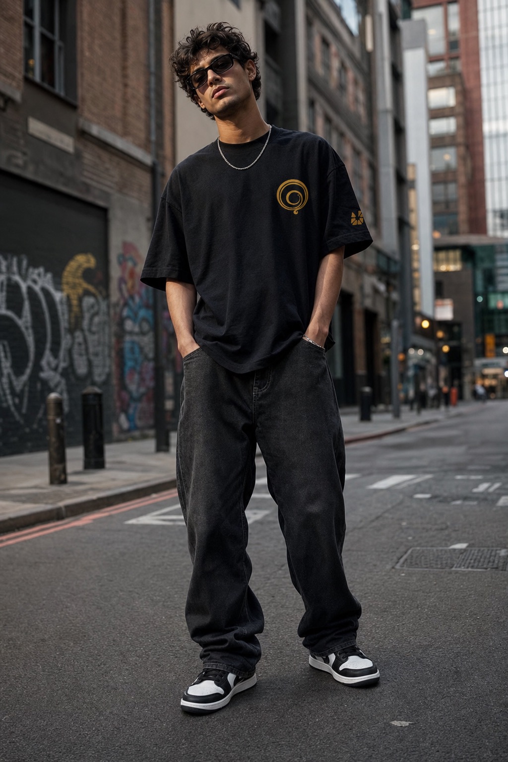 Man on a city street in a black Gratitude Collective tee with the gold spiral mark