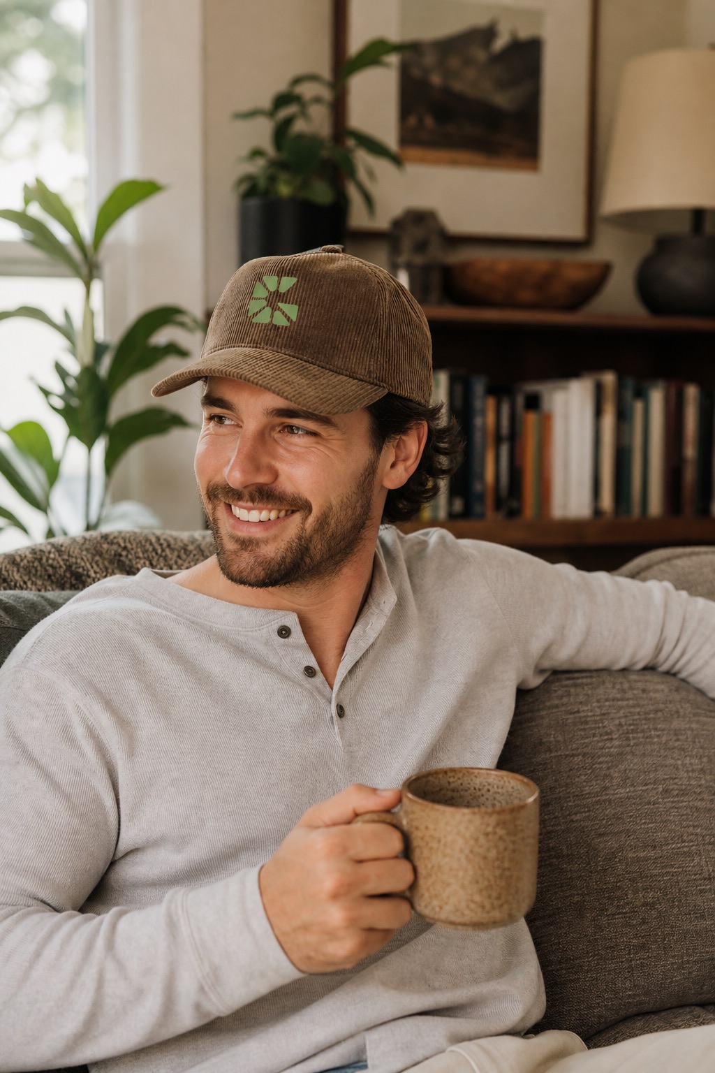 Man relaxing at home in a corduroy Gratitude Collective cap with the pinwheel mark